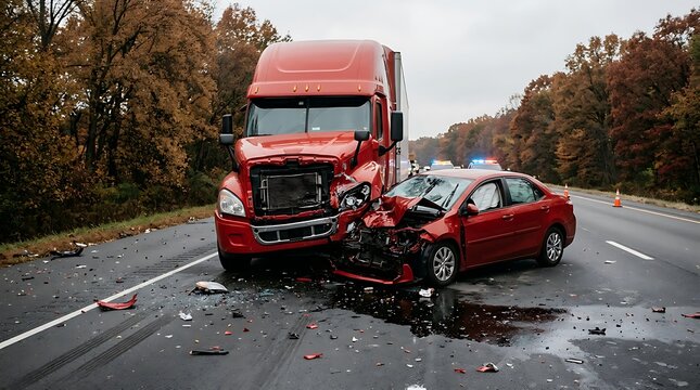 Severe collision between a semitruck and a passenger car