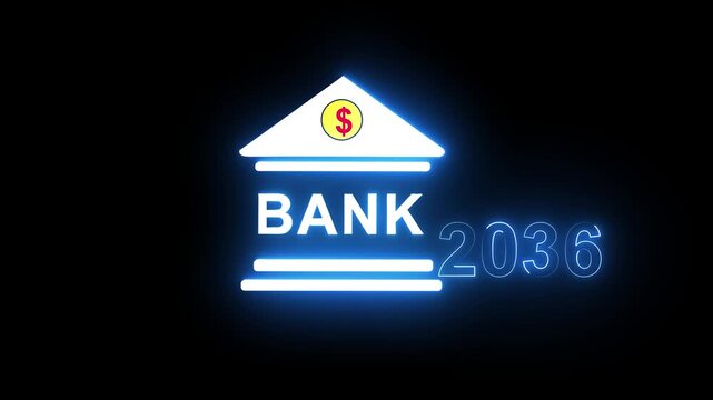 Neon light effect animation of a bank and the year 2036 ,Business representing real estate growth and market innovation bank icon, House loan ,risk management, Insurance and economic recession .