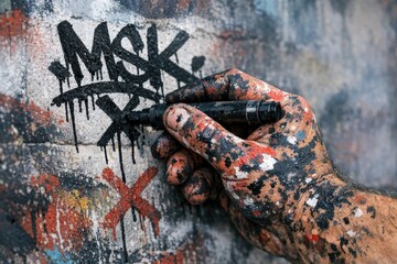 Naklejka premium A person's hand holding a marker writes on a colorful graffiti-covered wall, perfect for illustration or concept art