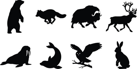 Fototapeta premium Arctic wildlife silhouette icon set featuring northern animals in distinct vector shapes