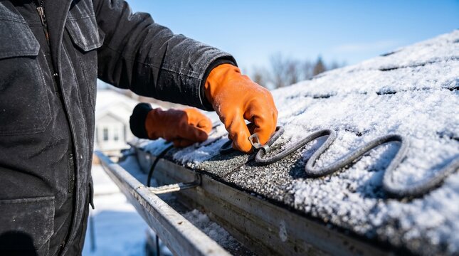 Worker installing roof heating cable to prevent ice dams in winter.