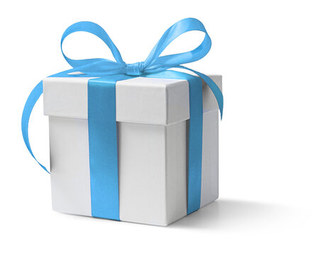 Gift box with blue ribbon and bow on a white background
