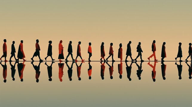 Silhouettes of individuals walking on a reflective surface, creating a mirror effect against a gradient sunset sky.