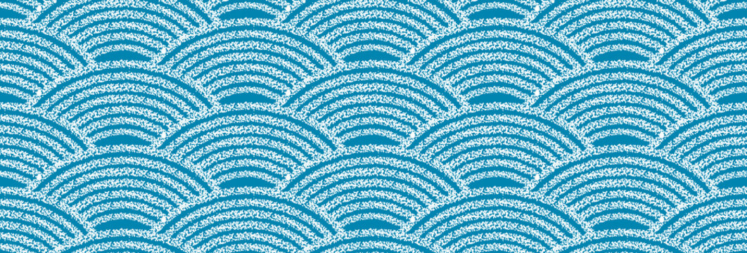 Crayon scallop seamless pattern. Abstract ocean background with seigaiha motif with chalk texture. Seamless pattern with white arches on blue background, vector illustration