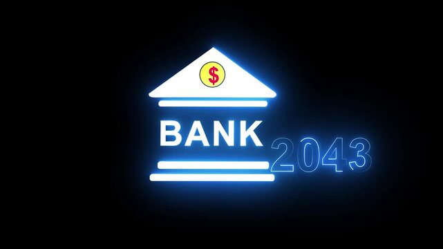 Neon light effect animation of a bank and the year 2043 ,Business representing real estate growth and market innovation bank icon, House loan ,risk management, Insurance and economic recession .