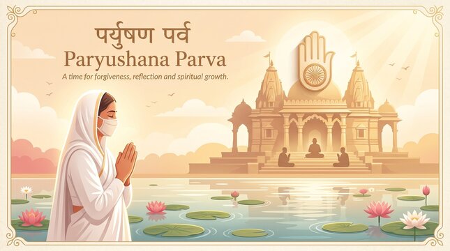Jain devotee in traditional attire prays before a temple during paryushan parva festival