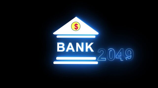Neon light effect animation of a bank and the year 2049 ,Business representing real estate growth and market innovation bank icon, House loan ,risk management, Insurance and economic recession .