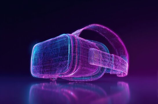 Dense glowing wireframe VR headset on dark surface