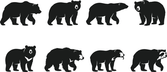 Fototapeta premium Bear species silhouette icon set featuring diverse wildlife shapes and distinctive animal profiles