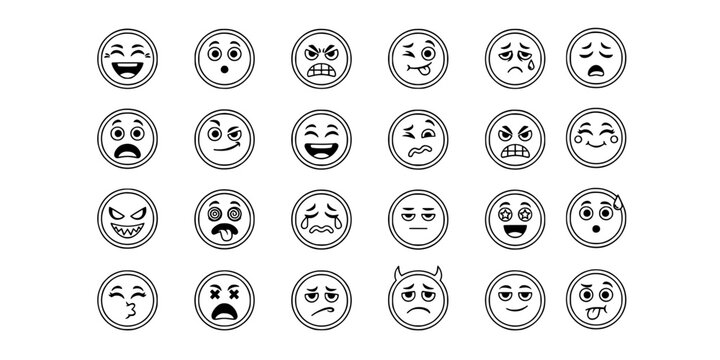 Faces Expressing Various Emotions in Cartoon Style Arranged in a 6x4 Grid Featuring Expressions, Happy, Sad with Angry
