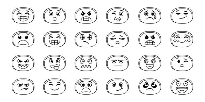 Faces Displaying Various Emotions and Expressions in a 6x4 Grid Featuring Cartoon Illustrations Featuring Face, Emotion