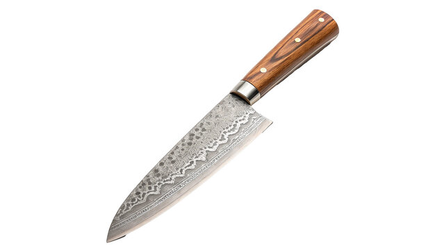 Sharp stainless steel kitchen chef knife with patterned damascus blade isolated on transparent background cut out Png