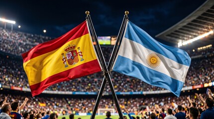 Obraz premium Spain and Argentina national flags waving in a crowded football stadium