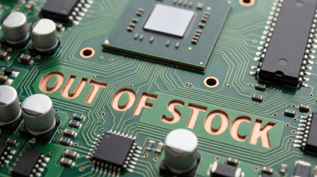 Semiconductor chip shortages on circuit board with out of stock text and electronic component shortage