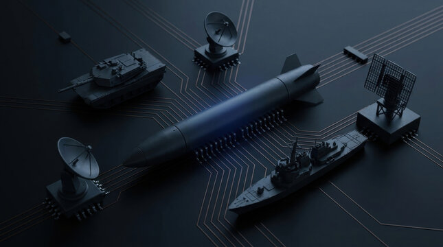 Semiconductor chip shortages defense network model on dark circuit board with satellite dish and military vessel