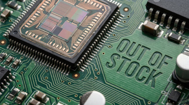 Semiconductor chip shortages on circuit board in out of stock state, close up of electronic component and network path