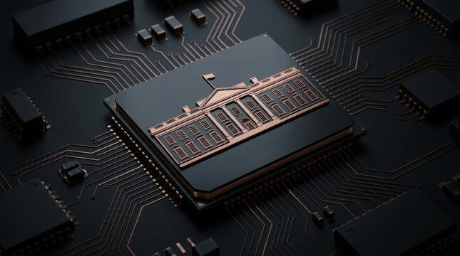 Semiconductor chip shortages on dark circuit board with building emblem, technology industry supply issue
