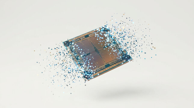 Semiconductor chip shortages, digital particle disintegration on white background