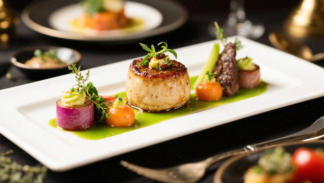 Exquisite fine dining dish showcasing a perfectly cooked piece of white cod fish, artistically arranged on a white rectangular plate with vibrant vegetable rolls, purees, and green herb oil.