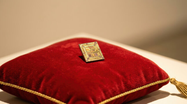 Semiconductor chip shortages on red velvet cushion, close up of microchip display with golden edge and soft light