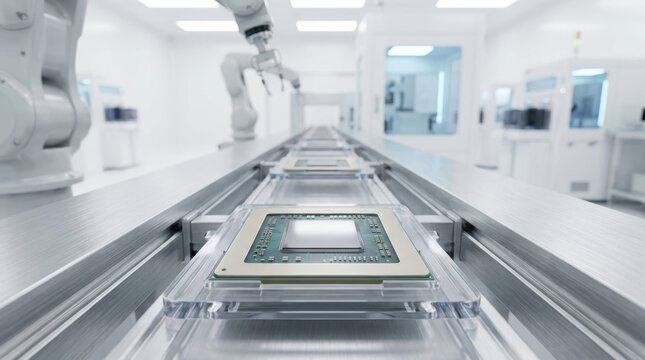 Semiconductor chip shortages in sterile factory with robotic arm and conveyor line