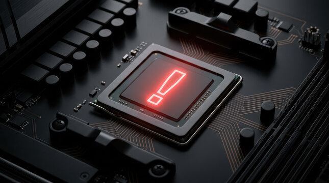 Semiconductor chip shortages warning on circuit board with glowing alert symbol