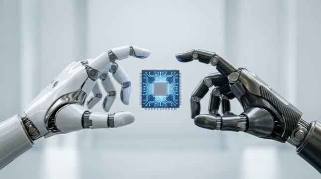 Semiconductor chip shortages in robot hand technology with automation and innovation concept