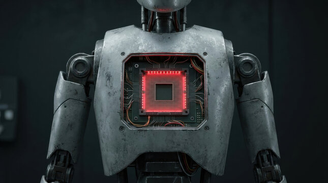 Semiconductor chip shortages in robot chest with metal body and circuit board, technical machine concept