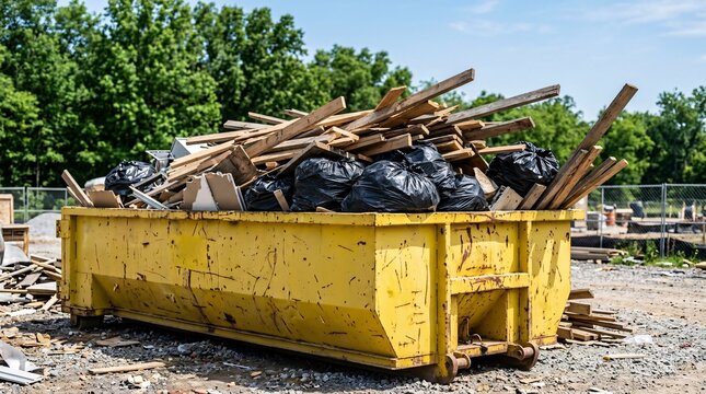 Large heavy-duty bright yellow industrial dumpster overflowing with discarded wooden construction planks and black bags against a blue sky.