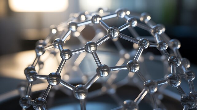 A close-up view of a complex glass molecular structure model, representing chemistry, science, and research on a blurred background, in a lab
