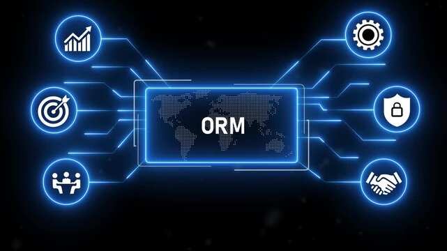 ORM - Online Reputation Management concept.blue neon Digital technology background.4k animation video.