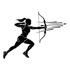 Fototapeta premium Dynamic archer silhouette woman in action drawing bow and arrows with speed and precision