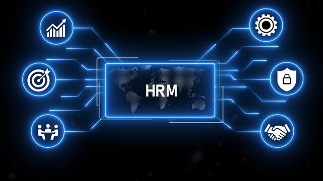 HRM - Human Resource Management concept. blue neon Digital technology background.4k animation video.