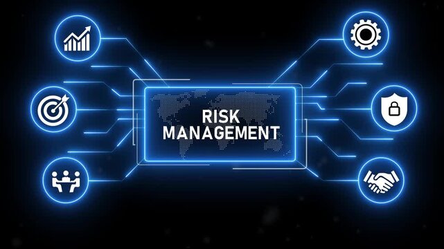 Risk Management concept.Blue Neon Digital Technology Background.4k animation video.
