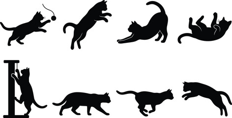 Cat movement silhouette icon set featuring playful, active, and natural feline poses © Rubina