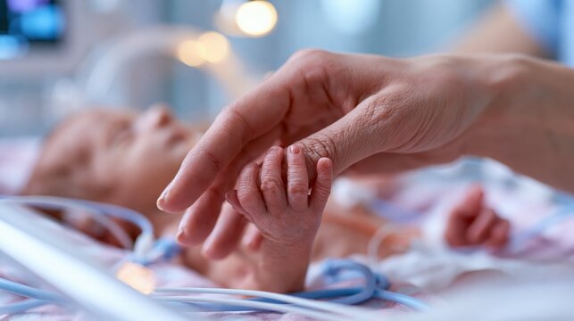 Mother's gentle touch reassures premature baby in NICU incubator, fostering connection