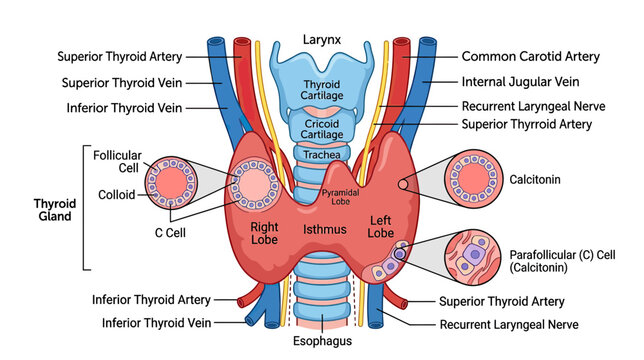 Anatomical illustration of the human thyroid gland and its structures