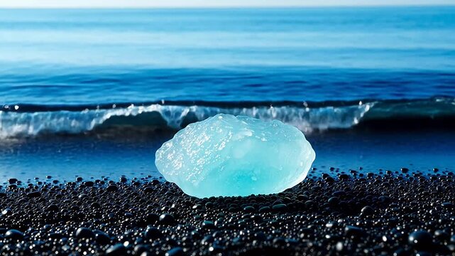 Blue ice chunk on black pebble beach
