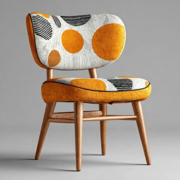 Designer chair with geometric circle pattern fabric.