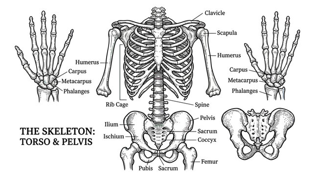 Human Skeleton Anatomy: Torso, Pelvis, and Hands - Medical Illustration