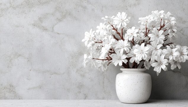 Dense white floral arrangement in a textured stone vase.