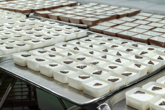Trays of mass-produced white cream desserts topped with chocolate pieces, prepared in a commercial kitchen or catering facility