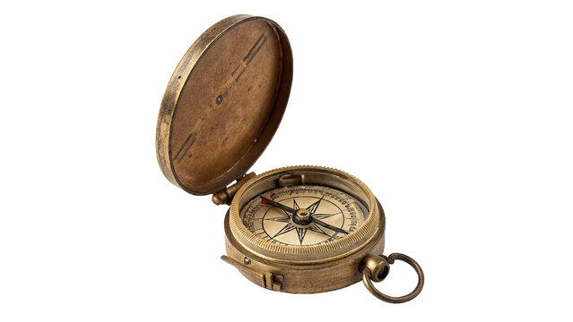 Vintage golden pocket watch with compass function classic antique mechanical isolated on transparent background cut out Png