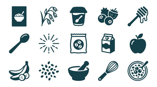 Set of fifteen dark green vector icons representing healthy breakfast ingredients and tools, including oats, yogurt, berries, honey, coffee, milk, fruit, seeds, and a porridge bowl.