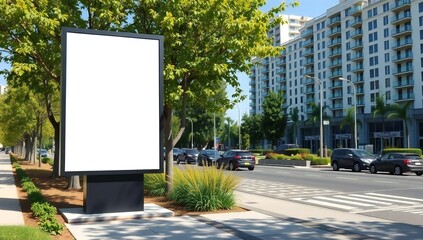 Fototapeta premium A large billboard stands empty in front of a busy urban intersection with buildings in the background.