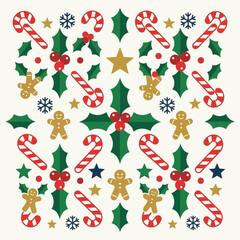 Fototapeta premium Festive seamless pattern with traditional Christmas candy canes, holly and gingerbread men