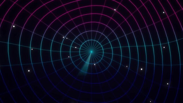 Retro-futuristic neon grid animation, vibrant 80s synthwave aesthetic, digital cyberspace background, abstract radial wireframe pattern for technology and gaming.