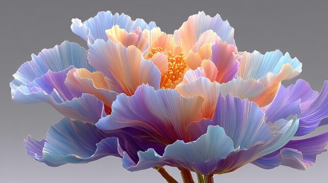 Detailed iridescent blue and orange crystalline flower.