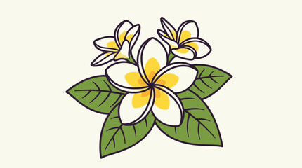 Fototapeta premium Hand drawn illustration of white and yellow plumeria flowers with green leaves