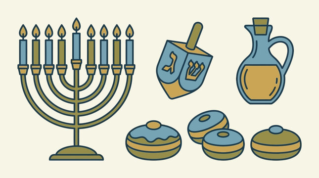 Traditional Hanukkah menorah with dreidel and oil jug